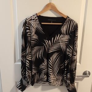 White House Black Market Black and Cream Graphic Long Sleeve Blouse